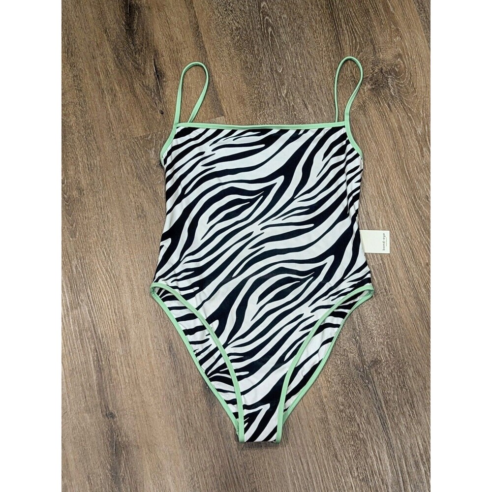 NWT bond-eye Zebra Print One Piece Swimsuit - Black and White with Green Trim